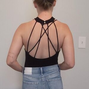 Soft Black Mock Neck Open Back Thong Bodysuit